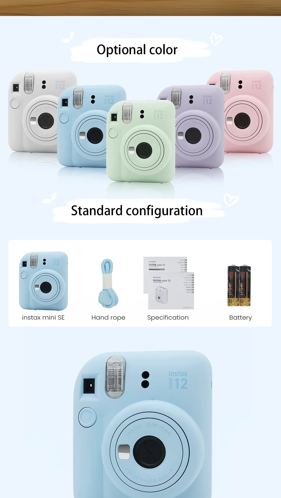 Fujifilm Instax Mini 12 Camera FUJIFILM Mini12 Film Camera Disposable Imaging Camera Birthday Gift Christmas 10 Exposures Film