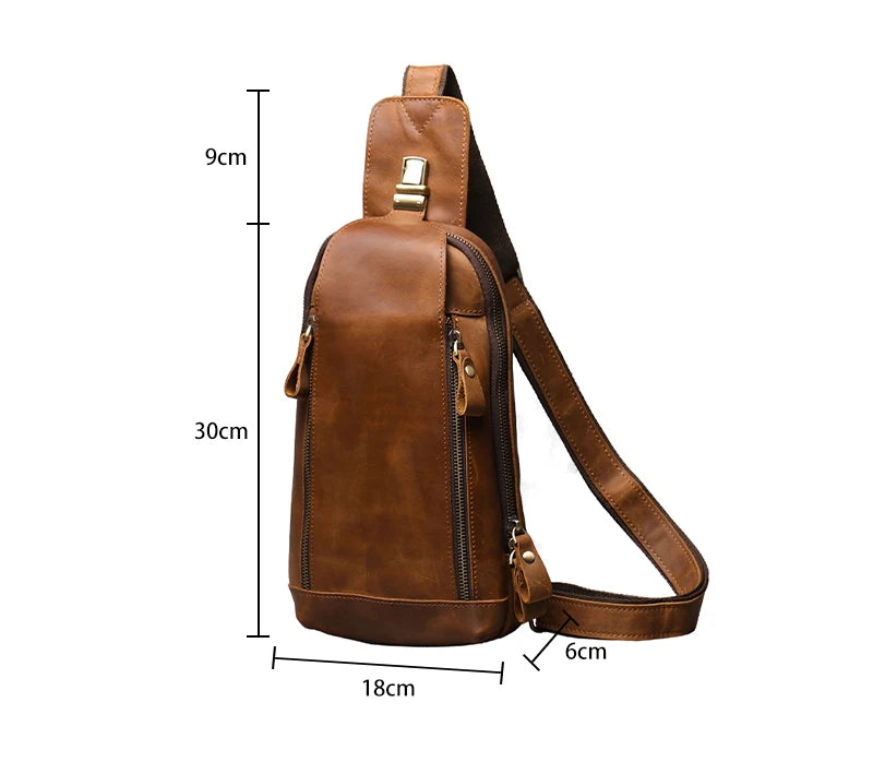 New Crazy Horse Leather Chest Bag Vintage Genuine Leather Men's Bag Retro Casual Shoulder Satchel Bag Suitable for 7.9-inch iPad