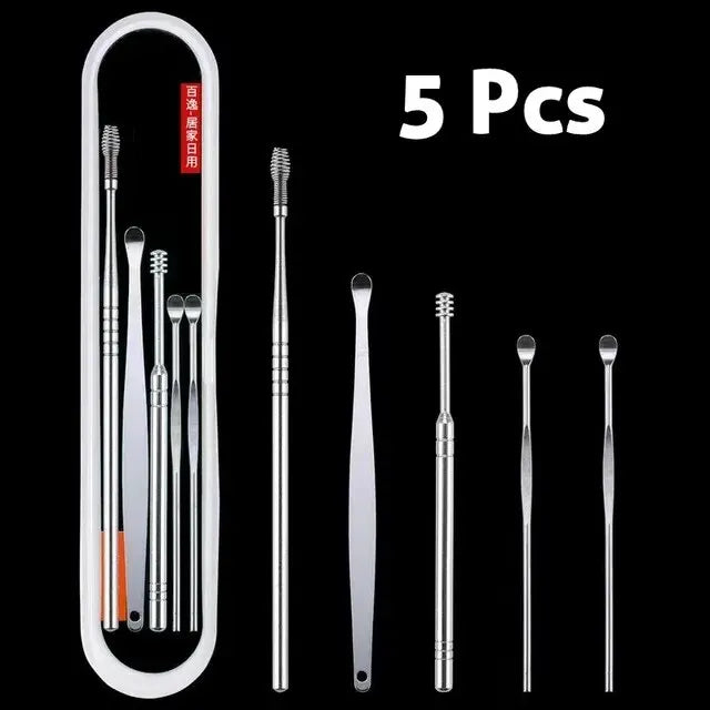 Medical Ear Pickers 6PCS Stainless Steel Ear Spoon 360 Degree Spiral Cleaning Keep Your Ears Clean & Healthy Ear Scoop Set