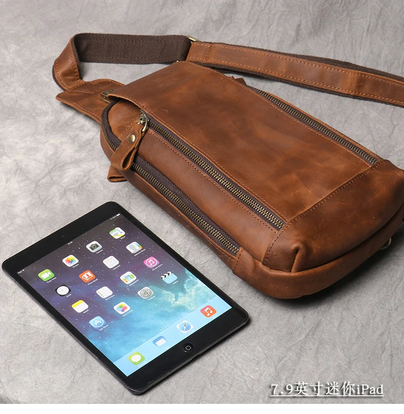 New Crazy Horse Leather Chest Bag Vintage Genuine Leather Men's Bag Retro Casual Shoulder Satchel Bag Suitable for 7.9-inch iPad