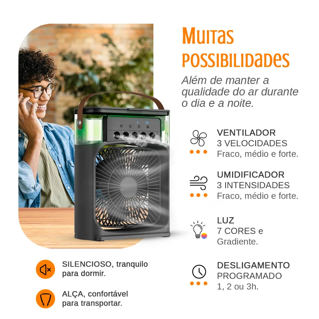 Mini Ar Condicionado Climatizador Umidificador Ventilador Portátil USB Led Quarto Sala Escritório Mesa Reservatório 600ml Alça