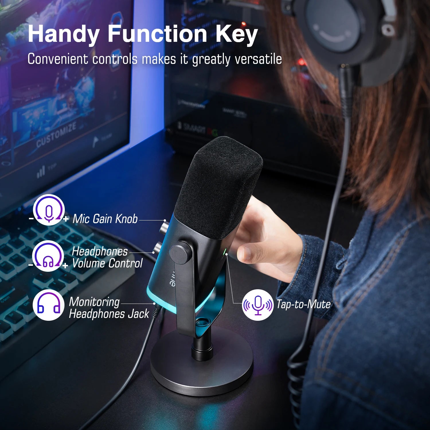 FIFINE USB/XLR Dynamic Microphone with RGB Control/Headphone jack/Mute,MIC for PC Gaming Recording Streaming AmpliGame-AM8