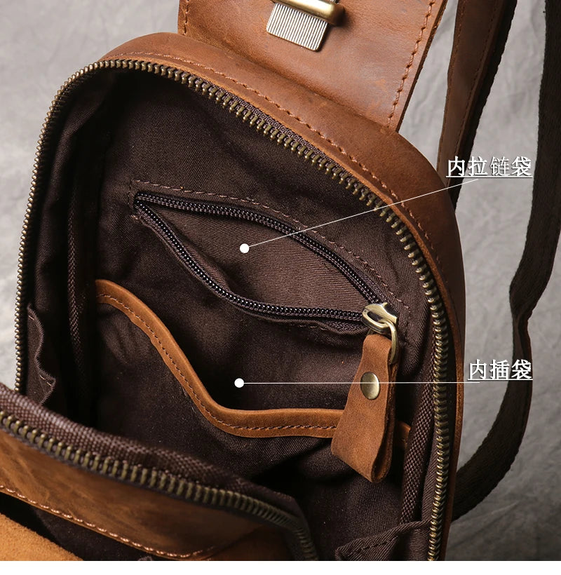 New Crazy Horse Leather Chest Bag Vintage Genuine Leather Men's Bag Retro Casual Shoulder Satchel Bag Suitable for 7.9-inch iPad